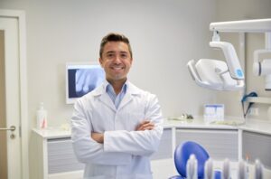 Dentist standing in his office smiling. 